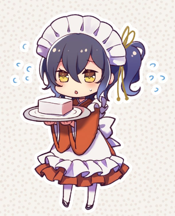 1girl, apron, blue_eyes, commentary_request, dress, flying_sweatdrops, food, frilled_dress