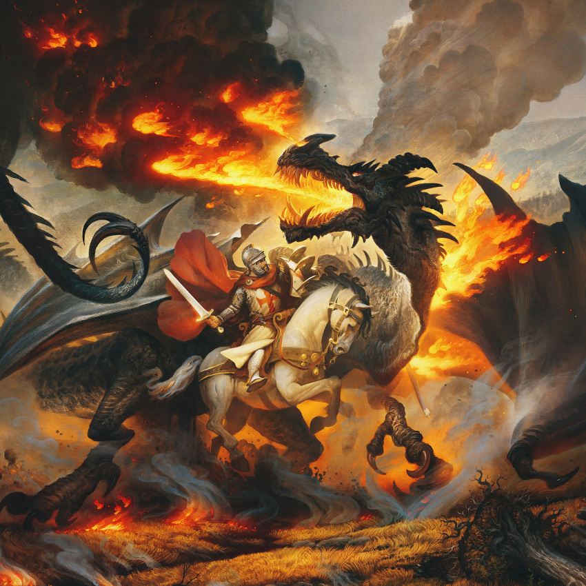animal, creature, dragon, fighting, fire, grass, highres, hill