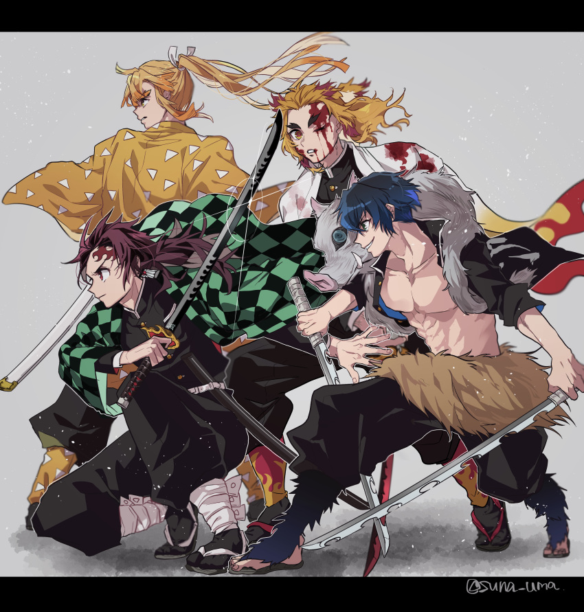 4boys, absurdres, agatsuma_zenitsu, aged_up, alternate_universe, black_pants, black_shirt, blonde_hair