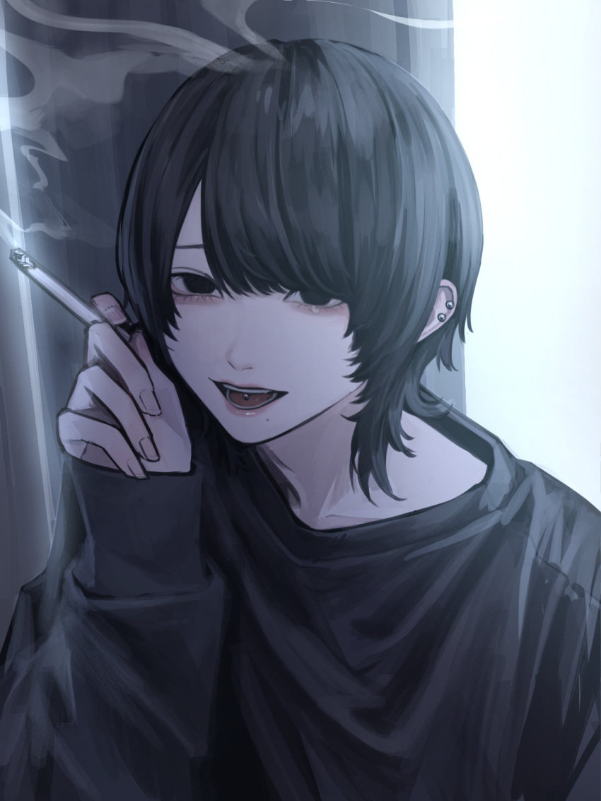 1girl, black_eyes, black_hair, black_sweater, bloom, cigarette, commentary_request, curtains