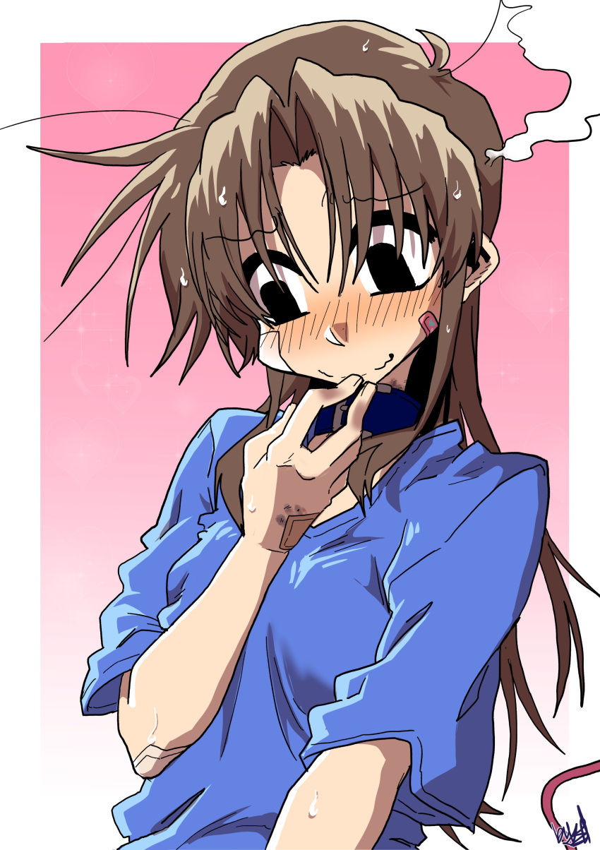 1girl, absurdres, bandaid, bandaid_on_cheek, bandaid_on_face, black_eyes, blue_shirt, blush, border, brown_hair, closed_mouth, ed-chan_(edkuroki), edkuroki, embarrassed, gauze, gauze_on_hand, gradient_background, hair_intakes, hand_to_own_mouth, highres, long_hair, looking_down, messy_hair, original, pink_background, pink_tail, shirt, sidelocks, signature, solo, steam, wavy_mouth, white_background, white_border