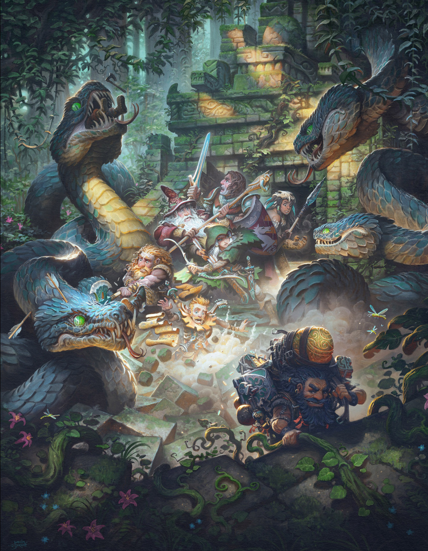 6+boys, absurdres, arrow_(projectile), creature, dwarf, fantasy, fighting, hanging_plant