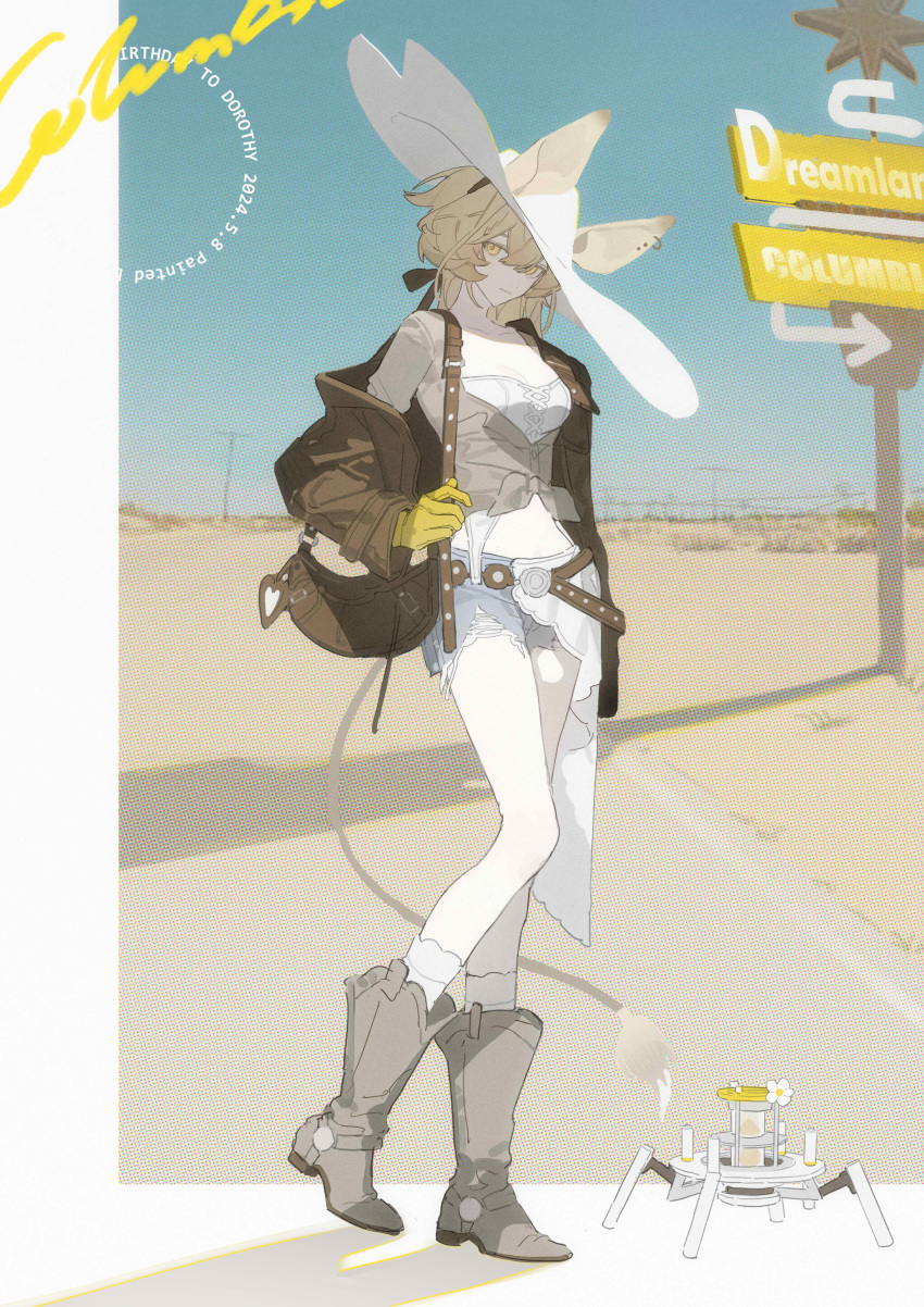 1girl, absurdres, alternate_costume, animal_ears, arknights, bag, belt, blonde_hair