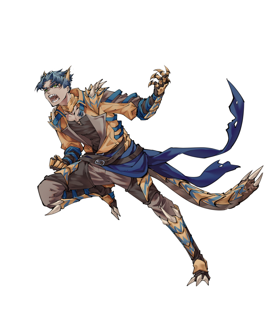 1boy, absurdres, belt, blue_hair, collarbone, collared_jacket, facial_mark, fangs
