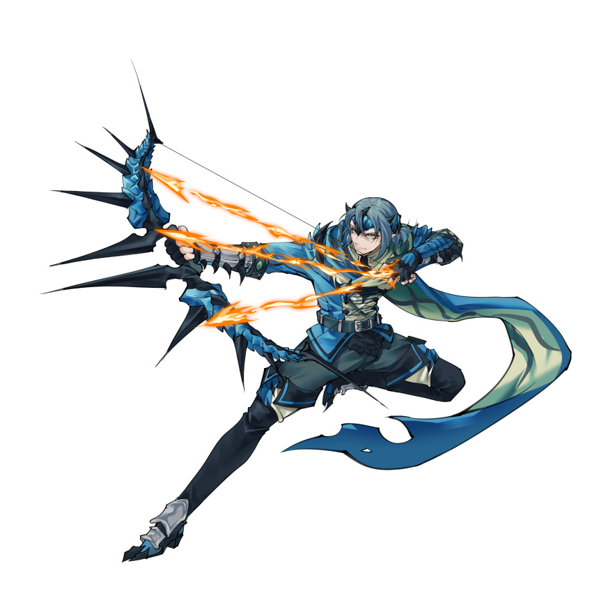 1boy, absurdres, azure_rathalos, belt, blue_hair, boots, bow_(weapon), bracer
