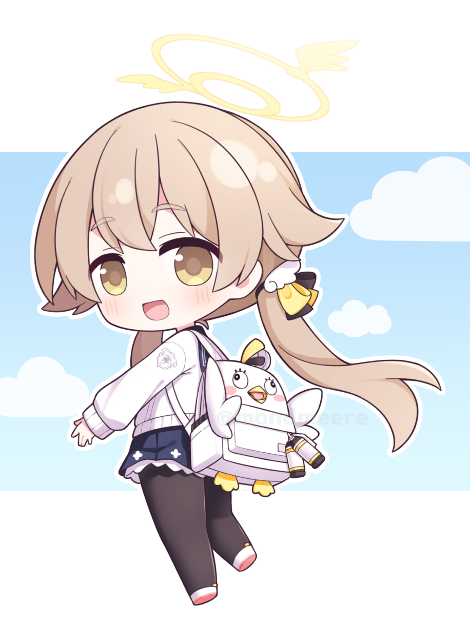 1girl, :d, backpack, bag, black_pantyhose, blue_archive, blue_sailor_collar, blue_skirt