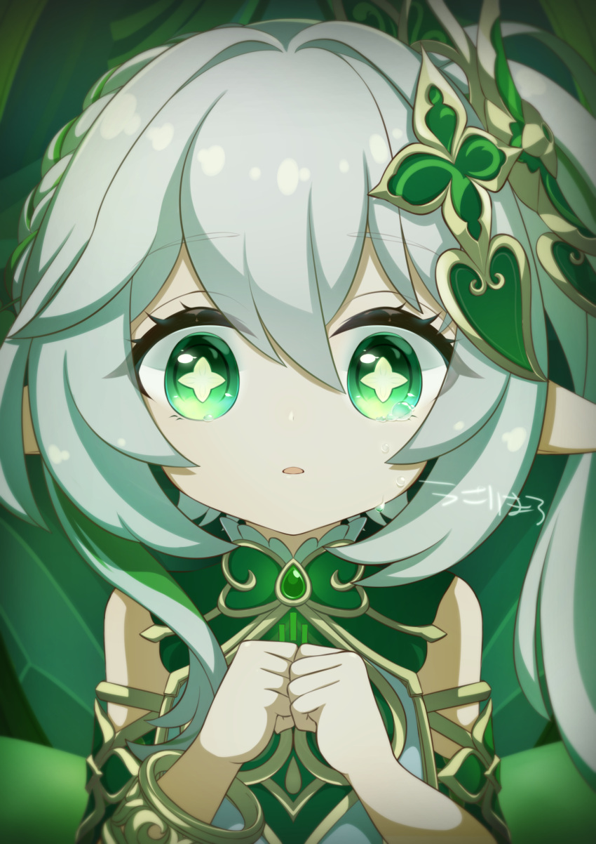 1girl, absurdres, bracelet, commentary, detached_sleeves, gem, genshin_impact, gold_trim