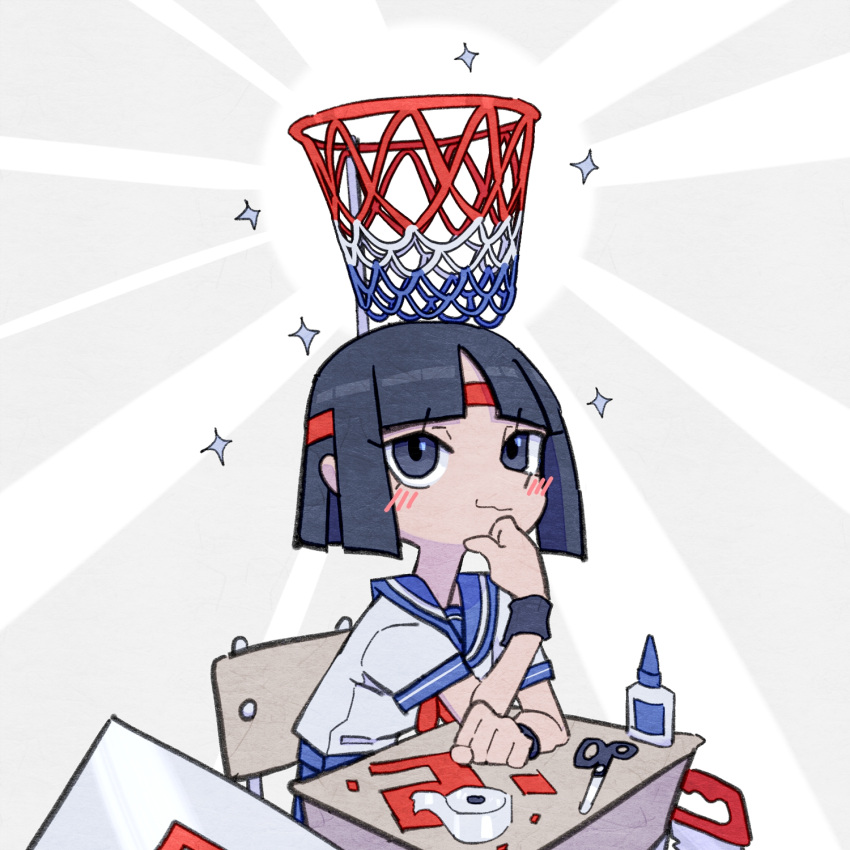 1girl, basketball_hoop, black_eyes, black_hair, blue_sailor_collar, blue_skirt, chair, desk, doomsdaily333, hand_saw, headband, highres, neckerchief, original, red_headband, red_neckerchief, sailor_collar, saw, school_chair, school_desk, school_uniform, scissors, serafuku, sitting, skirt, solo, tape, wristband