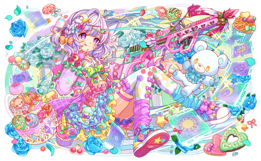 1girl, :d, ahoge, ankle_socks, aqua_bow, aqua_flower, aqua_petals, aqua_rose
