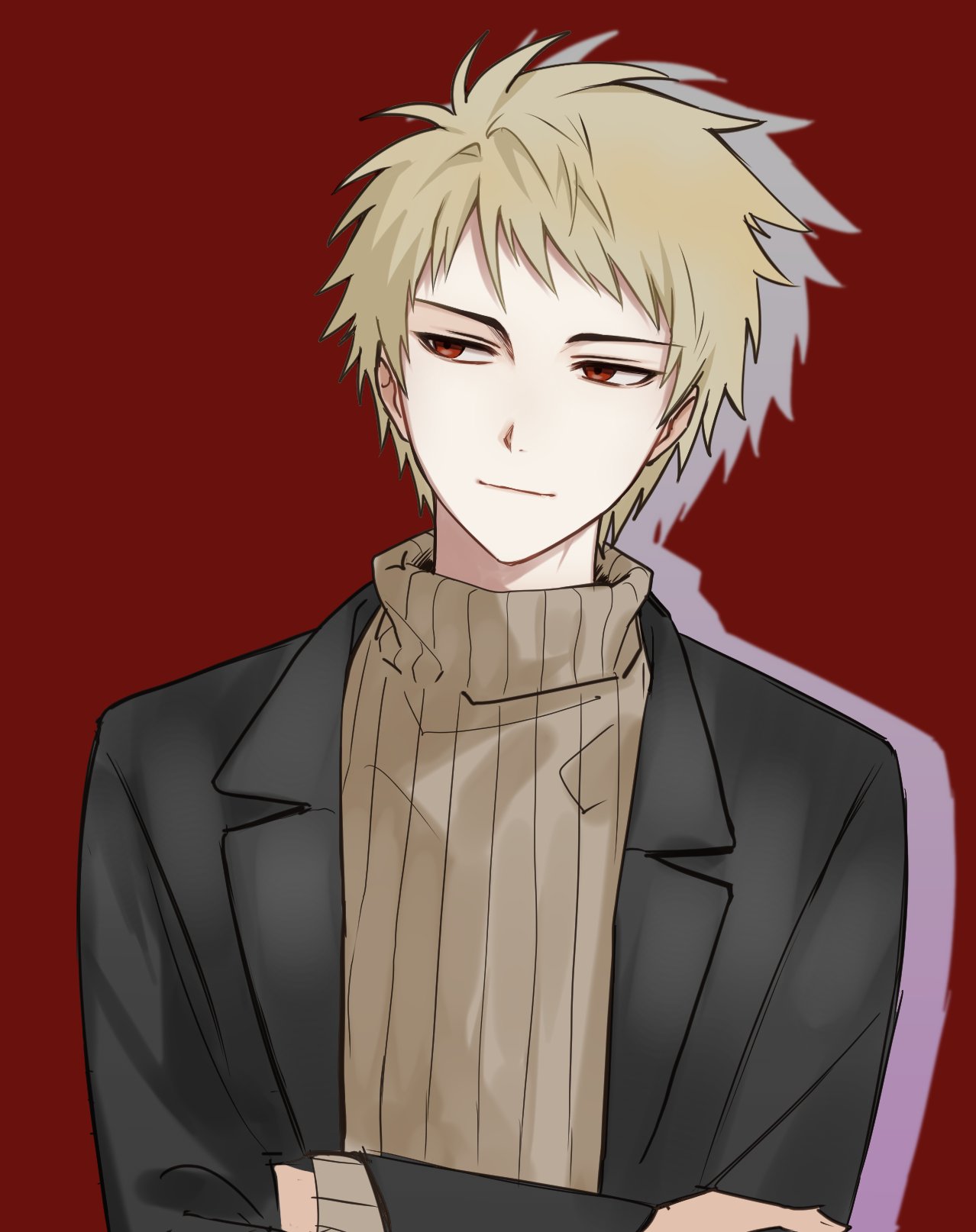 1boy, atou_haruki, black_jacket, blonde_hair, brown_sweater, closed_mouth, commentary_request, crossed_arms
