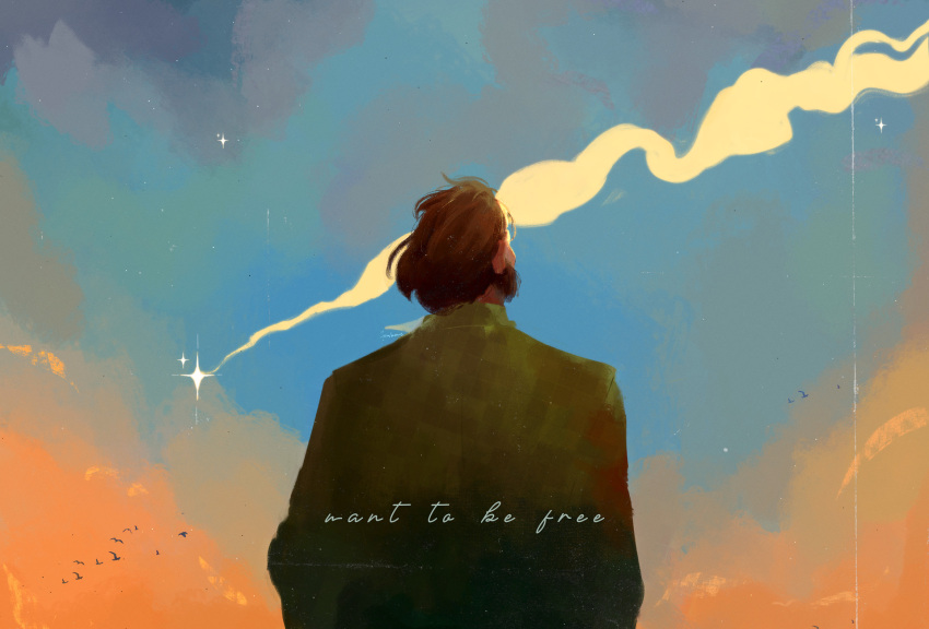 1boy, beard, brown_hair, coat, disco_elysium, facial_hair, golden_hour, green_coat