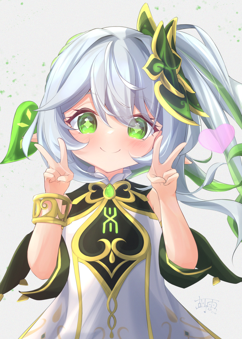 1girl, absurdres, blush, commentary_request, double_v, dress, genshin_impact, gold_trim, gradient_hair, green_eyes, green_hair, hair_between_eyes, hair_ornament, hands_up, heart, highres, kosame_no_yui, leaf_hair_ornament, long_hair, looking_at_viewer, multicolored_hair, nahida_(genshin_impact), pointy_ears, side_ponytail, signature, sleeveless, sleeveless_dress, smile, solo, star-shaped_pupils, star_(symbol), symbol-shaped_pupils, upper_body, v, white_background, white_dress, white_hair