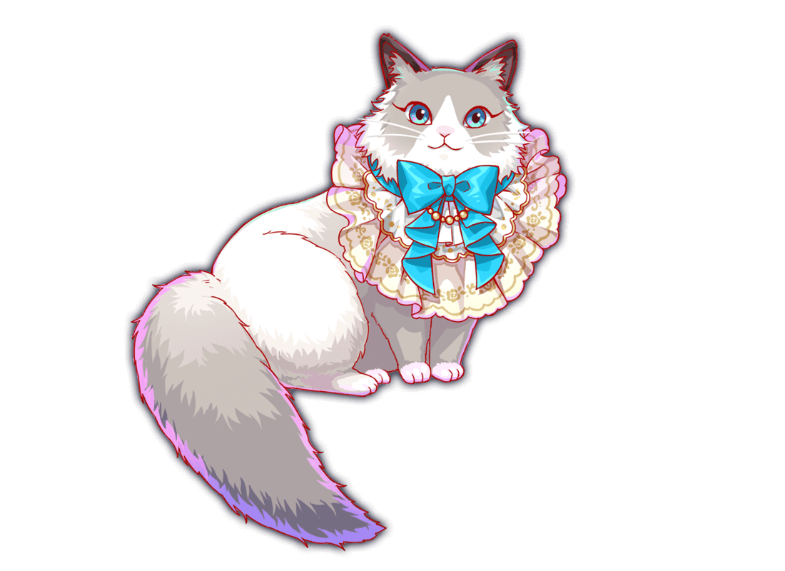 animal_ear_fluff, aqua_bow, aqua_bowtie, aqua_eyes, bow, bowtie, cat, cel_shading, collar, crash_fever, eyelashes, floral_print_collar, full_body, game_cg, grey_tail, lace-trimmed_collar, lace_trim, no_humans, official_art, outline, red_outline, simple_background, solo, standing, tachi-e, transparent_background, two-tone_fur, white_collar