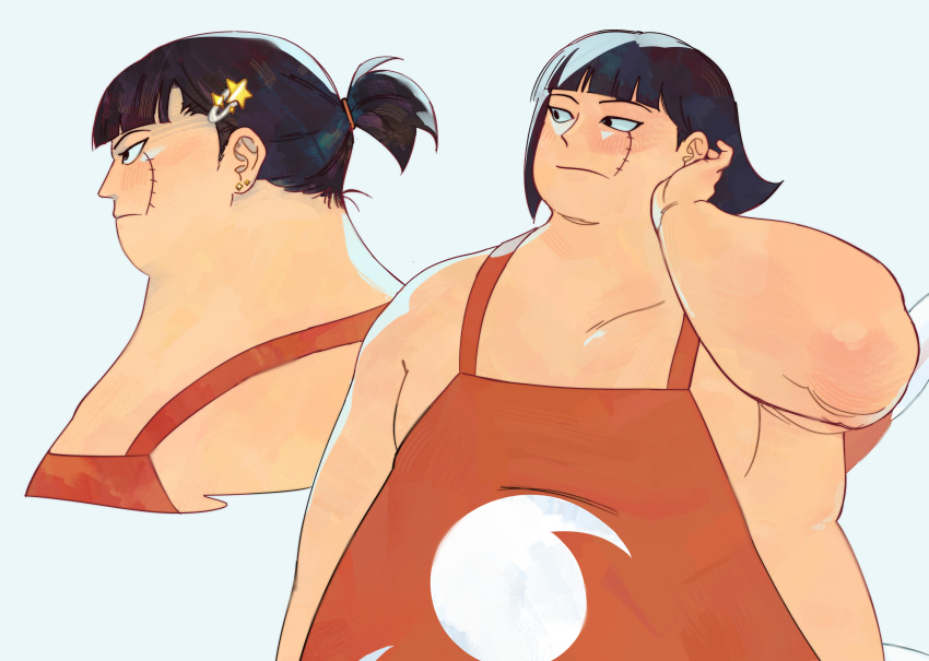 1boy, absurdres, apron, black_hair, blue_background, closed_mouth, ear_piercing, from_side