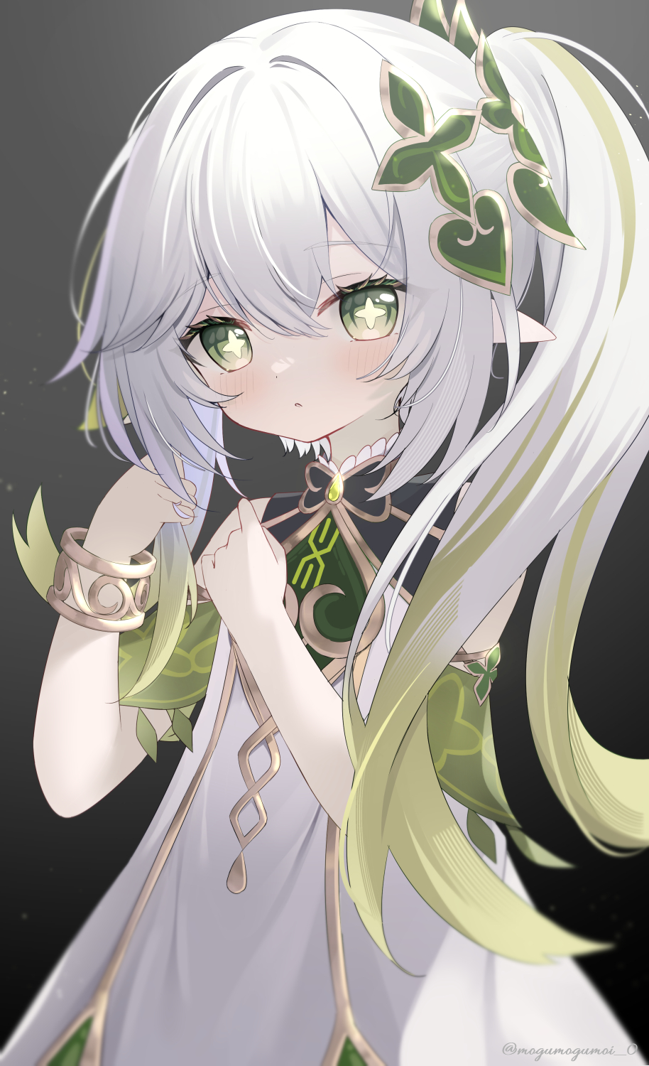 1girl, bare_shoulders, black_background, bracelet, commentary_request, detached_sleeves, dress, gem