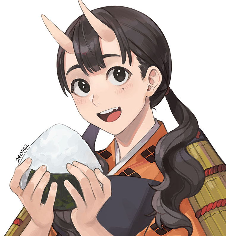 1girl, armor, black_eyes, brown_hair, chipped_tooth, dungeon_meshi, food, holding