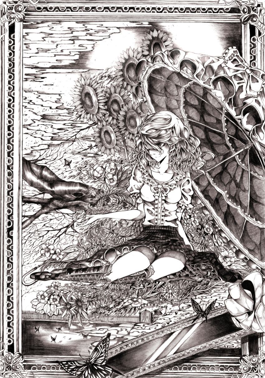 butterfly, cross-laced_footwear, elly, flower, frame, gate, hair_over_one_eye, highres