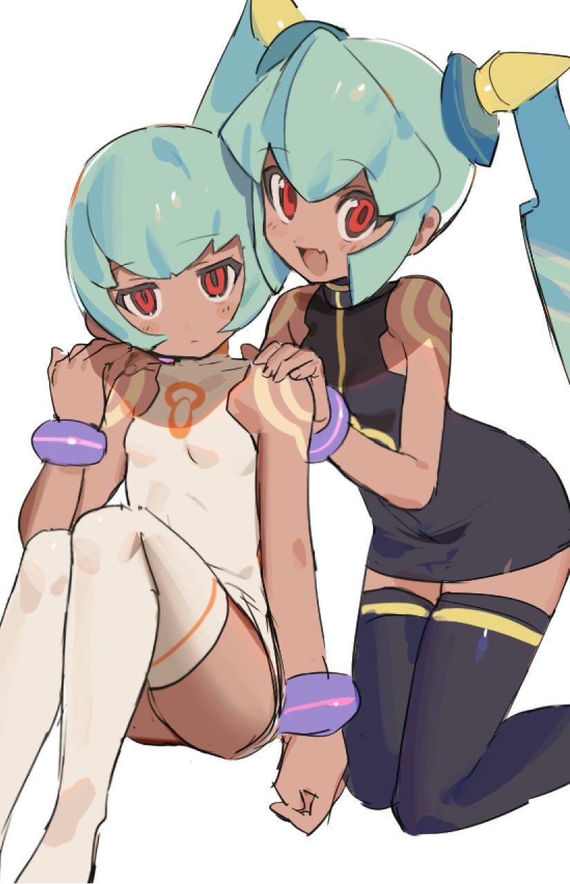 2girls, aqua_hair, bangle, bare_shoulders, black_dress, black_thighhighs, blush, bob_cut