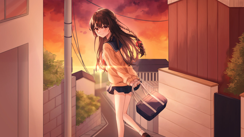1girl, absurdres, back, bag, black_skirt, brown_bag, brown_hair, closed_mouth