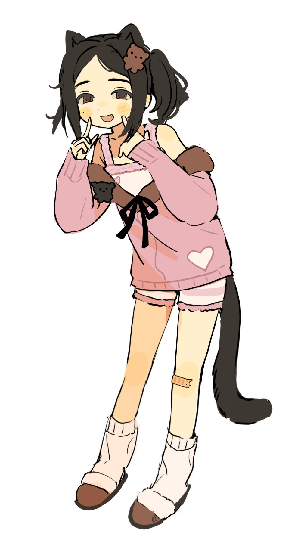 1girl, :d, bandaid, bandaid_on_knee, bandaid_on_leg, black_hair, brown_eyes, cat_tail