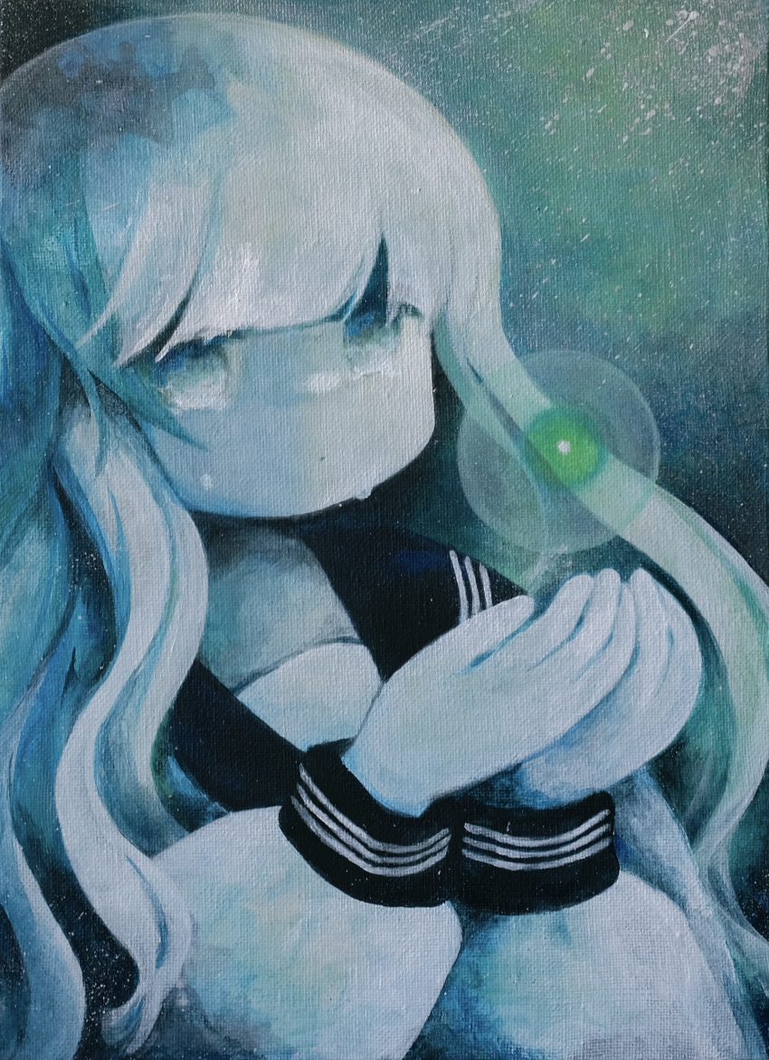 1girl, absurdres, awaya_yawako, canvas_(medium), closed_mouth, commentary_request, dot_mouth, hands_up, highres, long_hair, long_sleeves, monochrome, orb, original, painting_(medium), sailor_collar, school_uniform, shirt, sidelocks, solo, tears, traditional_media, upper_body