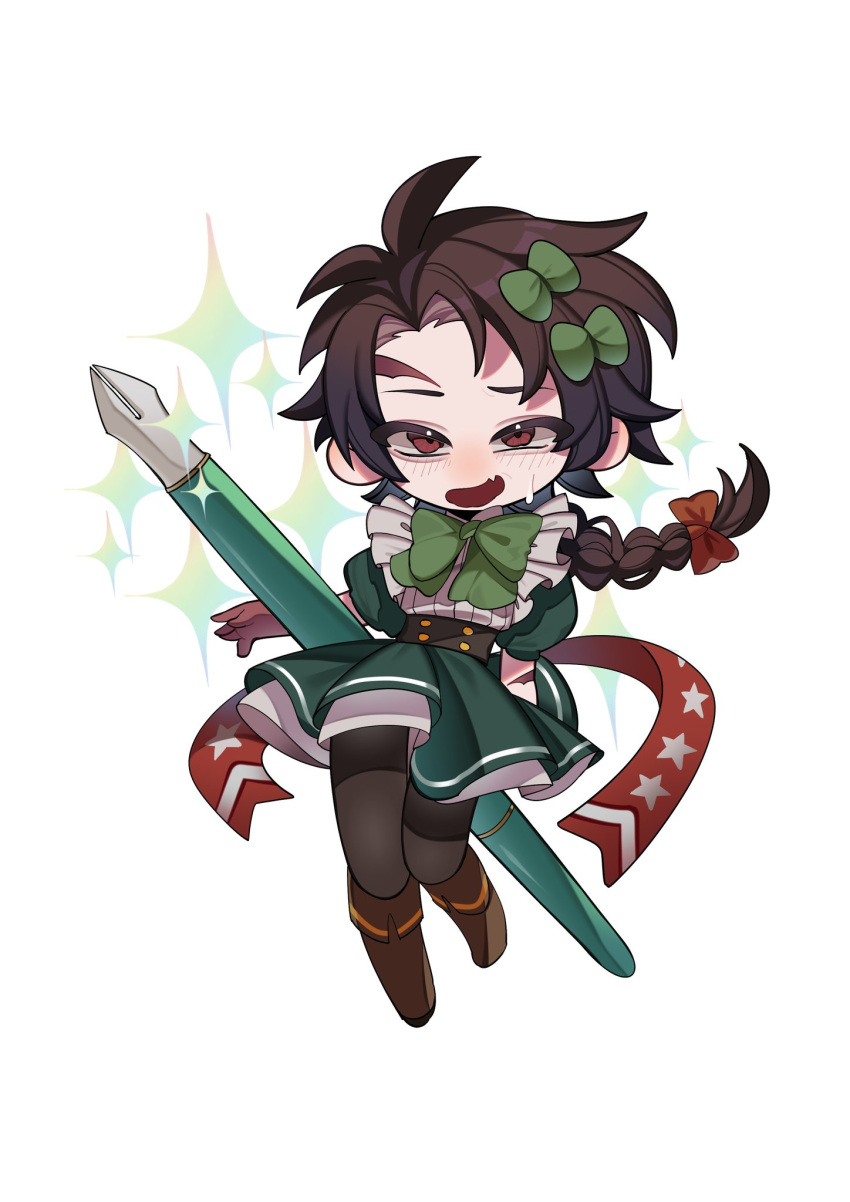 1boy, adapted_costume, baiyue, black_pantyhose, boots, bow, braid, breasts, brown_footwear, chinese_commentary, commentary_request, crossdressing, deformed, fang, green_bow, green_eyes, green_skirt, hair_bow, harada_minoru, highres, long_hair, male_focus, neck_ribbon, open_mouth, otoko_no_ko, pantyhose, pen, red_bow, ribbed_sweater, ribbon, saibou_shinkyoku, scar, scar_on_face, scar_on_forehead, single_braid, skin_fang, skirt, sleeveless, sleeveless_sweater, smile, solo, sweat, sweater, white_sweater
