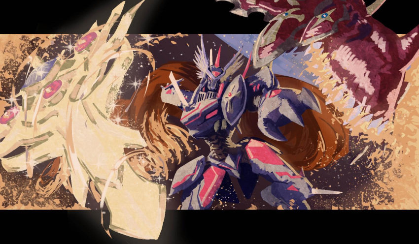 1boy, armor, black_border, border, bryweludramon, cape, digimon, digimon_(creature), durandamon, fewer_digits, fire, forehead_jewel, helmet, highres, horns, knight, looking_at_viewer, purple_armor, ragnalordmon, red_cape, red_eyes, shield, solo, substantial-mall4711, sword, weapon, winged_helmet
