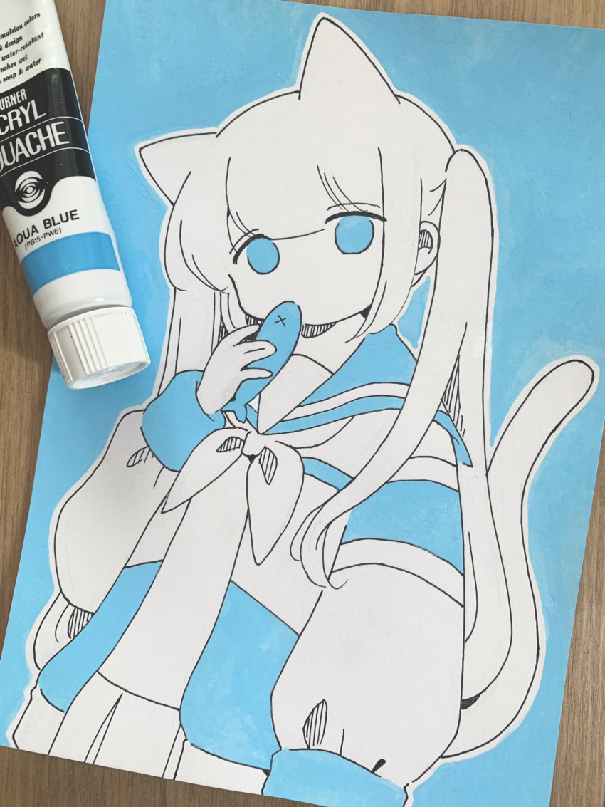 1girl, acrylic_gouache_(medium), animal, animal_ears, art_tools_in_frame, awaya_yawako, blue_background, blue_theme, cat_ears, cat_girl, cat_tail, commentary_request, cowboy_shot, expressionless, fish, highres, holding, holding_animal, holding_fish, long_hair, long_sleeves, looking_at_viewer, monochrome, neckerchief, no_nose, original, photo_(medium), pleated_skirt, puffy_long_sleeves, puffy_sleeves, sailor_collar, shirt, simple_background, skirt, solo, standing, tail, traditional_media, twintails, very_long_hair