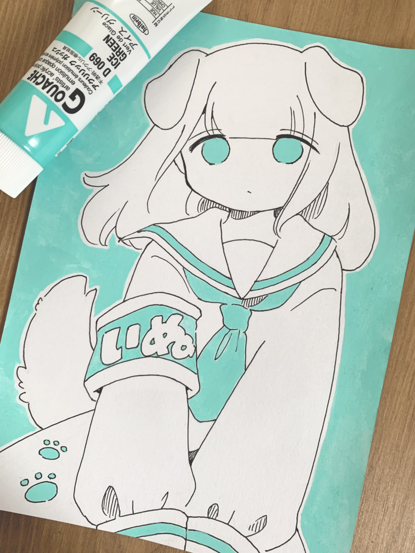 1girl, acrylic_gouache_(medium), animal_ears, armband, art_tools_in_frame, awaya_yawako, closed_mouth, commentary_request