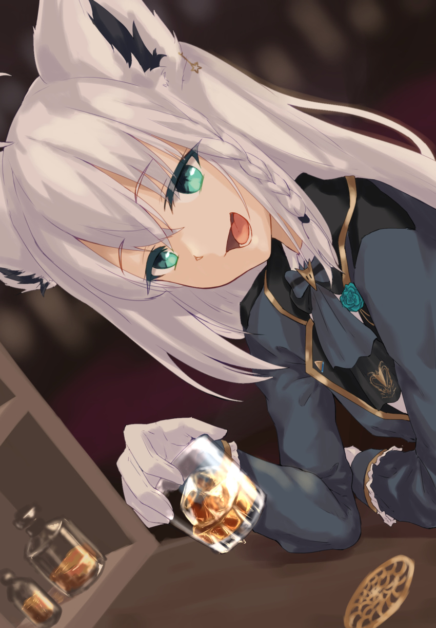 1girl, ahoge, animal_ear_fluff, animal_ears, ascot, bar_(place), blue_ascot, blue_jacket, blurry, blurry_background, braid, commentary_request, cup, dutch_angle, earrings, fox_ears, fox_girl, gloves, green_eyes, hair_between_eyes, highres, holding, holding_cup, hololive, jacket, jewelry, leaning_on_table, long_hair, looking_at_viewer, open_mouth, shirakami_fubuki, shirakami_fubuki_(aristocrat_kei), sidelocks, single_braid, solo, takino_(taji_tlstd), virtual_youtuber, white_gloves, white_hair
