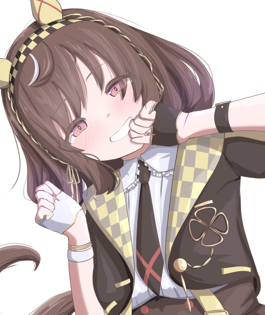 1girl, absurdres, animal_ears, breasts, brown_hair, buena_vista_(umamusume), clenched_hands, commentary_request