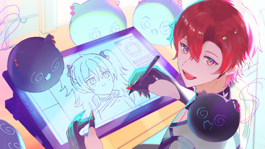 1boy, absurdres, black_choker, black_gloves, choker, creature, creature_on_shoulder, desk