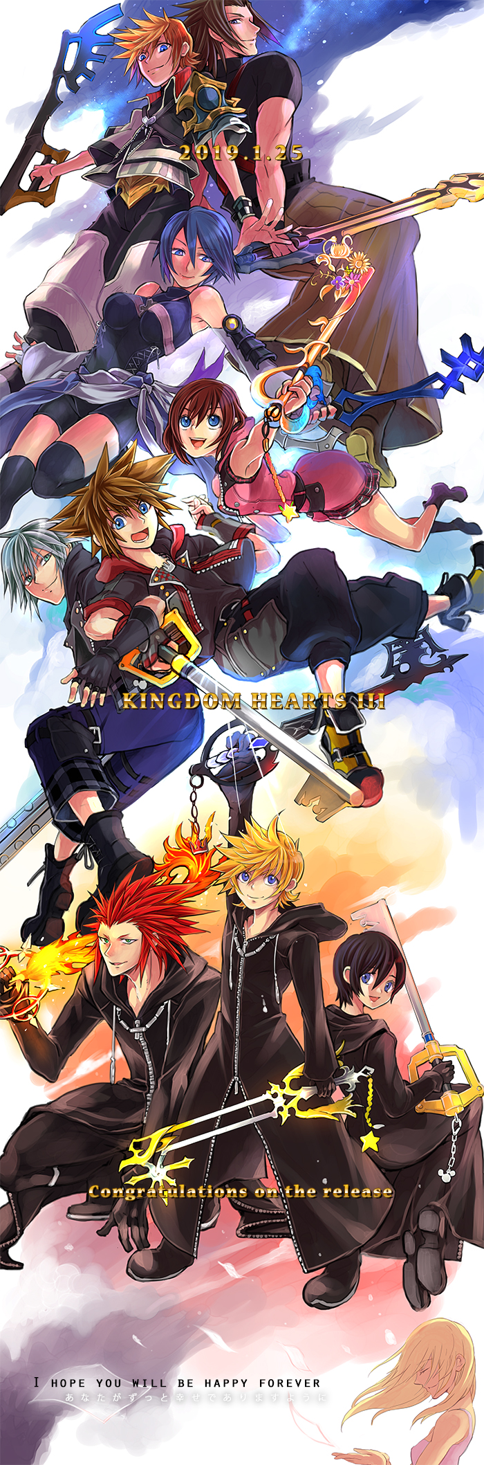 4girls, 6+boys, aqua_(kingdom_hearts), axel_(kingdom_hearts), back-to-back, black_coat, black_coat_(kingdom_hearts), black_footwear