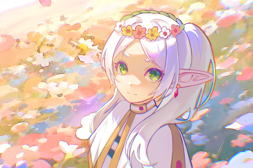 1girl, awsj7858, breasts, earrings, elf, field, flower, flower_field, frieren, green_eyes, head_wreath, highres, jewelry, looking_at_viewer, medium_hair, pointy_ears, robe, small_breasts, solo, sousou_no_frieren, thick_eyebrows, twintails, upper_body, white_hair, white_robe