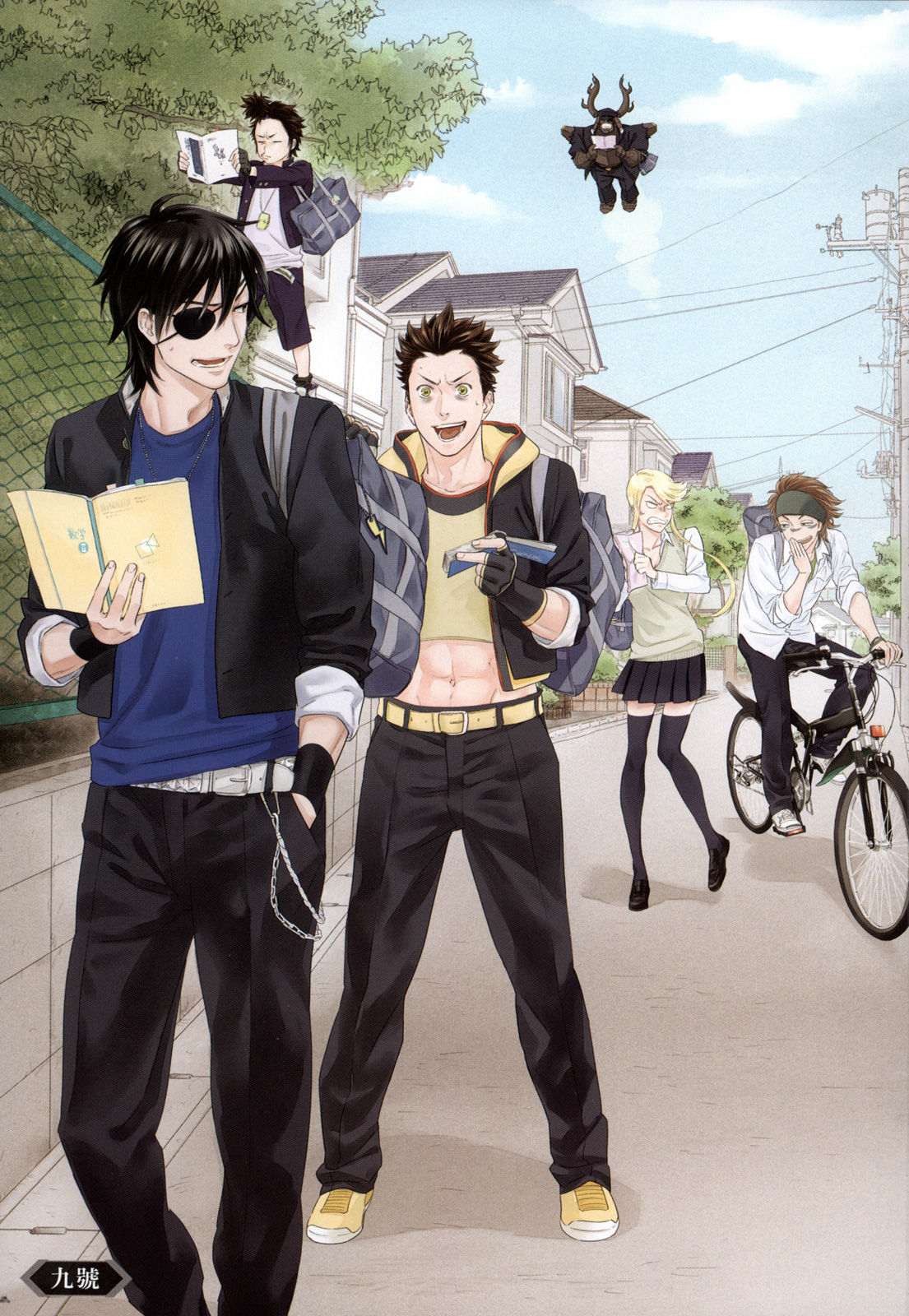1girl, 5boys, :d, artist_request, bag, bags_under_eyes, belt, black_hair