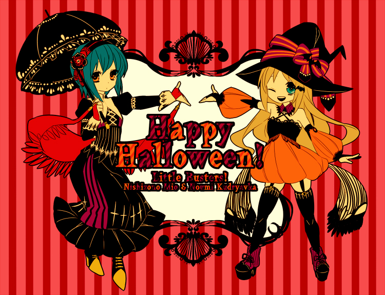 2girls, bat_hair_ornament, black_dress, black_hairband, black_hat, black_thighhighs, blue_eyes, blue_hair