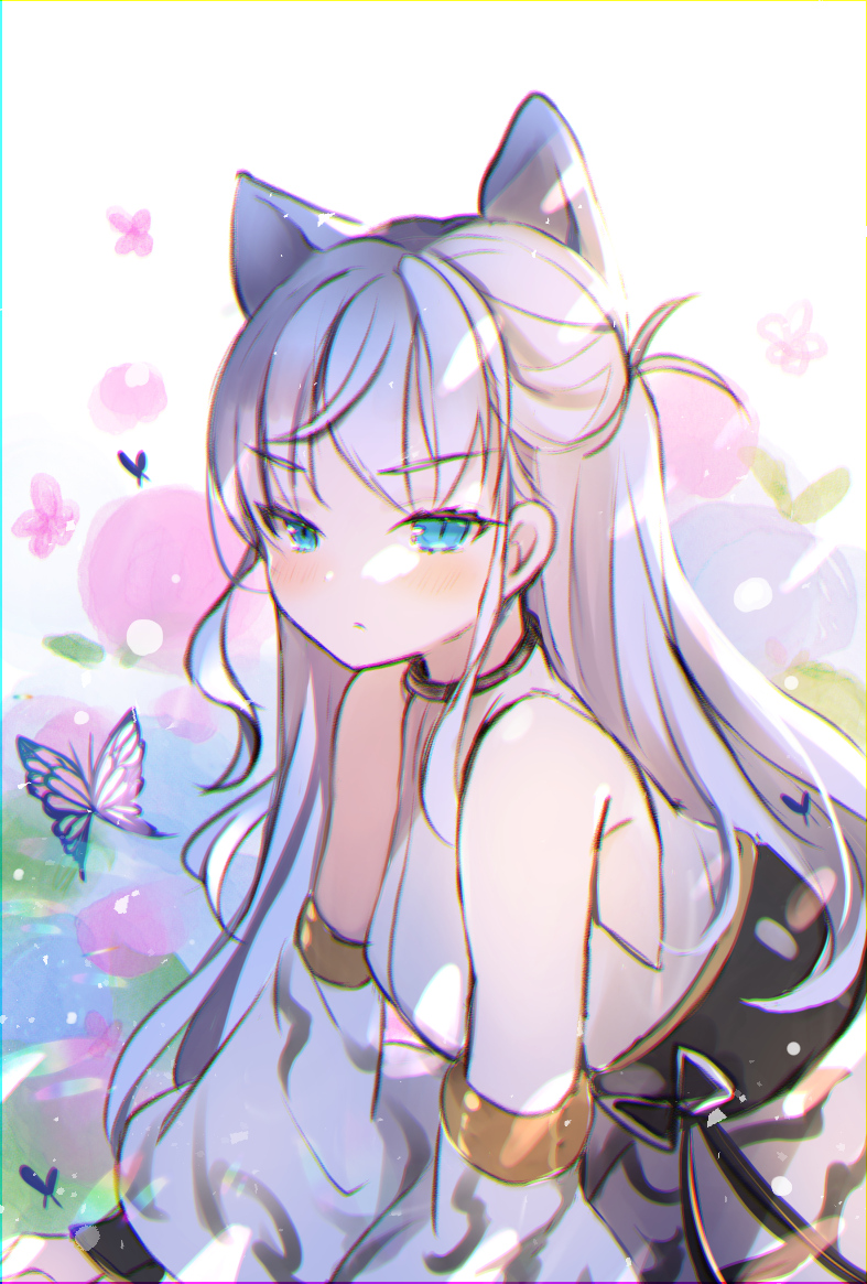 07touka25, 1girl, animal_ears, arm_support, blue_eyes, bug, butterfly, cat_ears