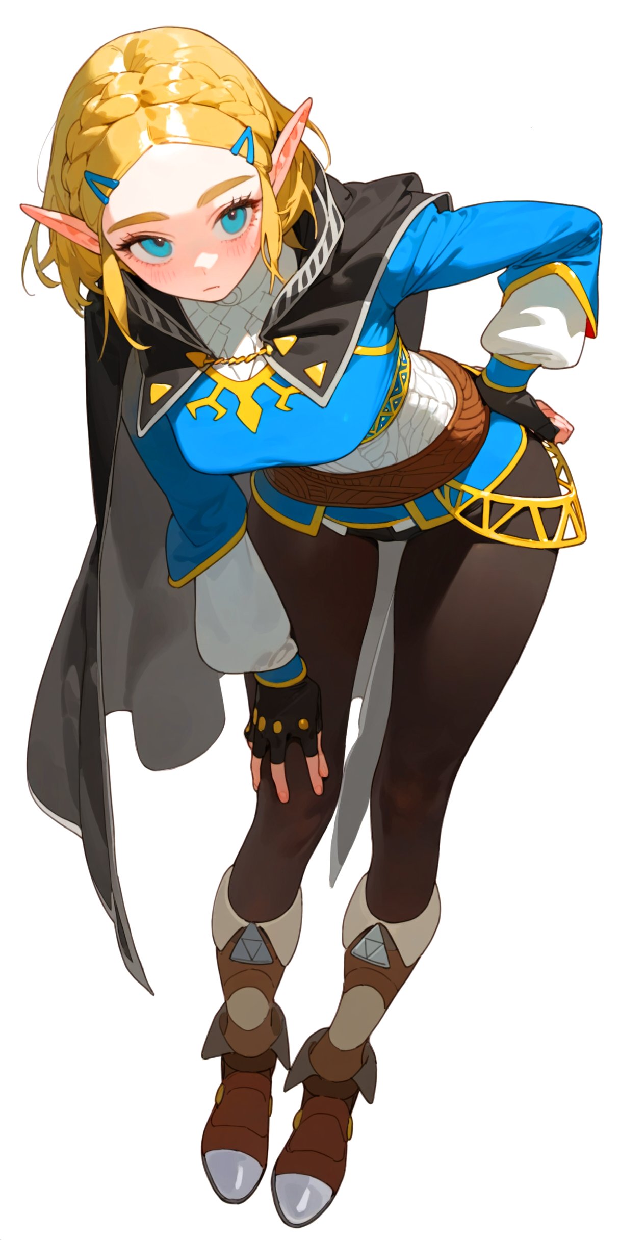 1girl, absurdres, ai-generated, bent_over, black_gloves, blonde_hair, blue_eyes, blue_shirt