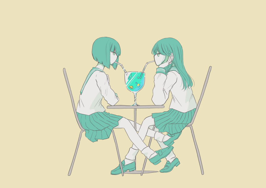 2girls, awaya_yawako, blouse, bob_cut, commentary_request, cup, drink, drinking