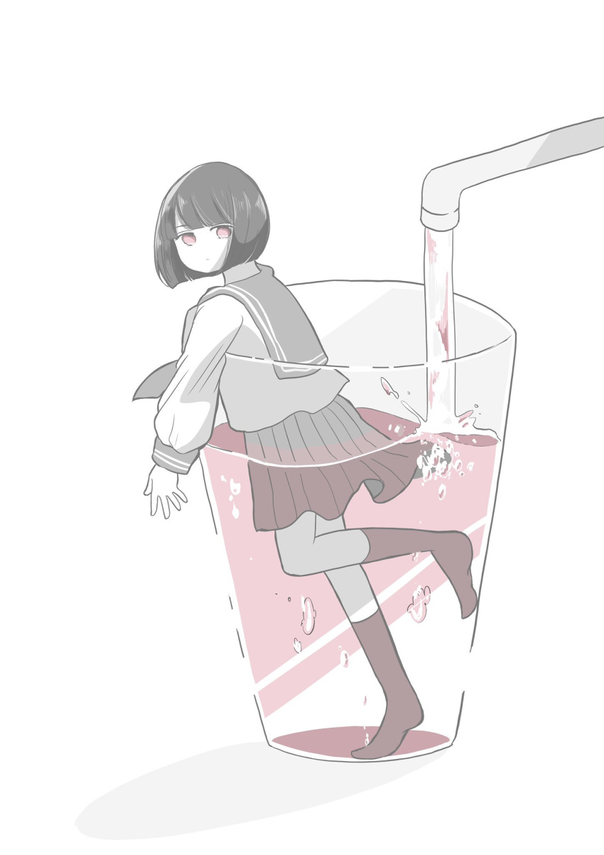 1girl, awaya_yawako, blouse, bob_cut, closed_mouth, commentary_request, cup, drinking_glass