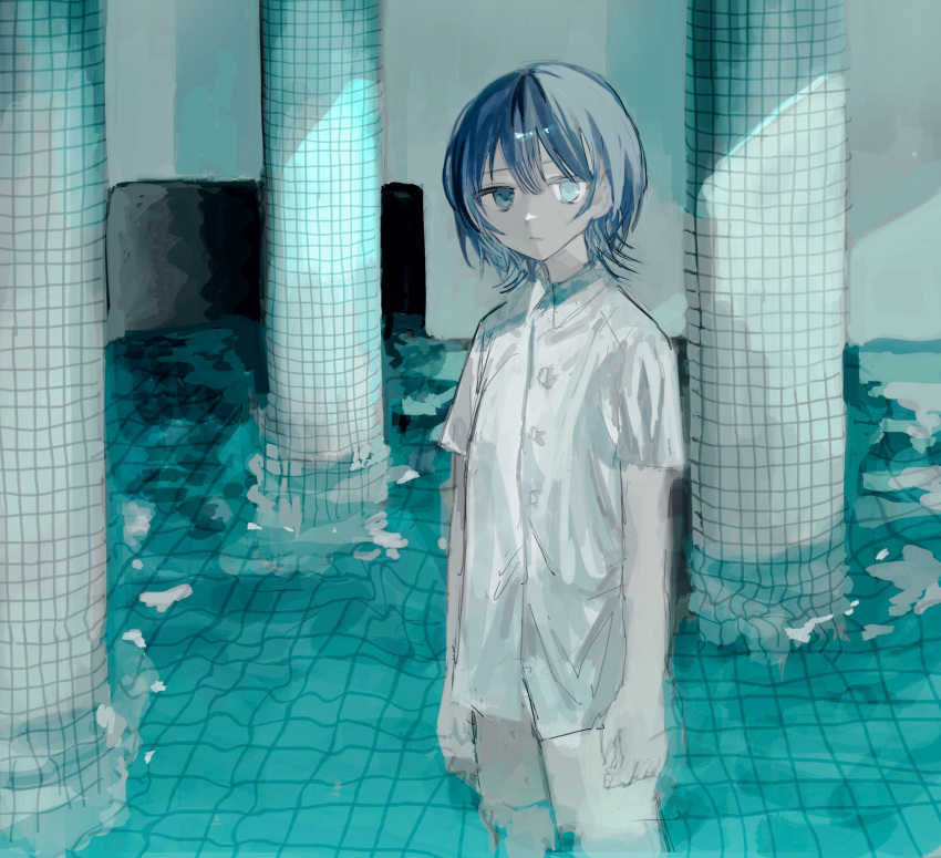 1boy, blue_eyes, blue_hair, buttons, closed_mouth, colored_skin, expressionless, grey_skin, highres, indoors, liminal_space, looking_at_viewer, male_focus, oqo_808, original, pants, partially_submerged, pillar, pool, shirt, short_hair, short_sleeves, solo, standing, tile_floor, tiles, white_shirt