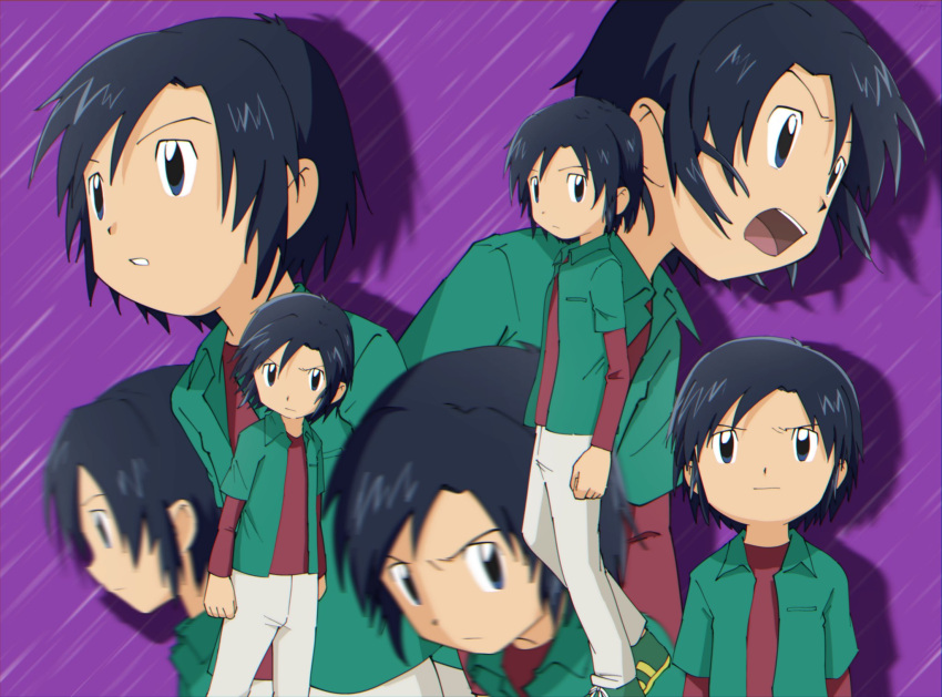 1boy, black_eyes, black_hair, blurry, commentary_request, cowboy_shot, digimon, digimon_frontier, digimon_tamers, full_body, green_shirt, highres, kato_(digiyuzu), kimura_kouichi, male_focus, multiple_views, open_clothes, open_shirt, pants, purple_background, red_shirt, shirt, white_pants