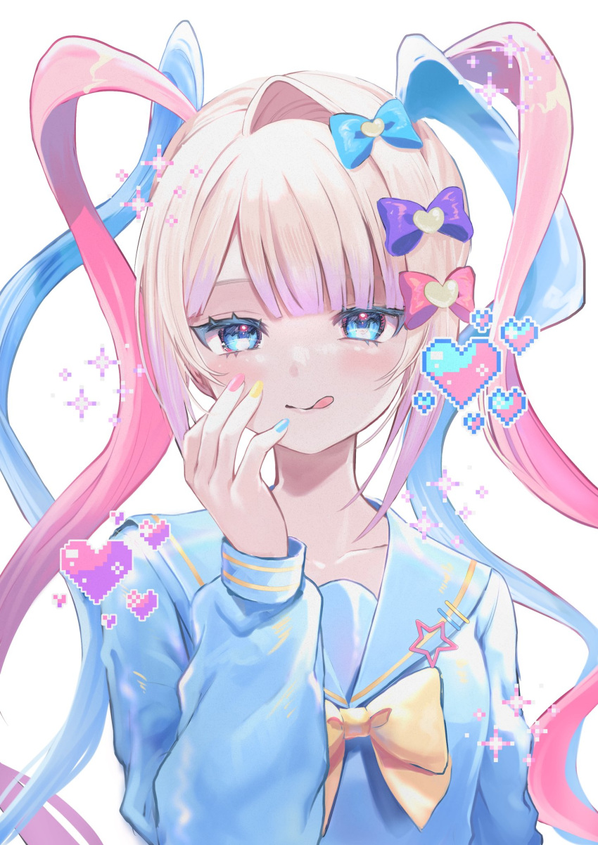1girl, 243_kou, :q, blonde_hair, blue_bow, blue_eyes, blue_hair, bow, chouzetsusaikawa_tenshi-chan, commentary_request, hair_bow, hand_up, heart, highres, long_hair, long_sleeves, looking_at_viewer, multicolored_hair, needy_girl_overdose, pink_bow, pink_hair, pixel_heart, purple_bow, quad_tails, sailor_collar, smile, solo, sparkle, tongue, tongue_out, upper_body, white_background