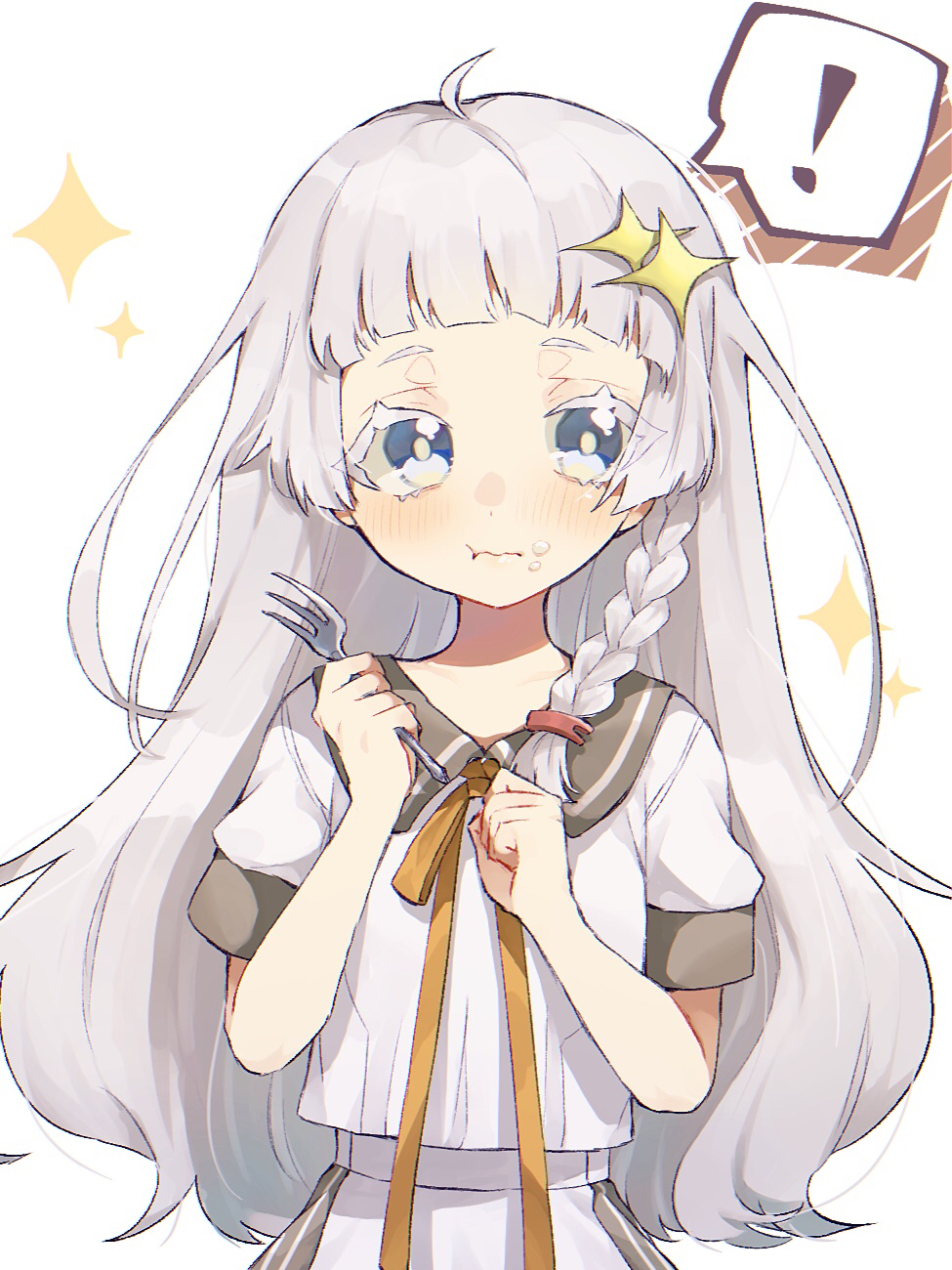 !, 1girl, a.i._voice, ahoge, blue_eyes, blunt_bangs, braid, collared_shirt
