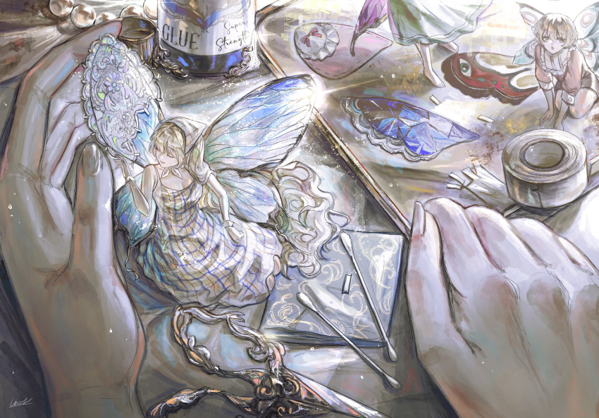 3girls, :o, barefoot, blonde_hair, cindymeimezu, closed_eyes, cotton_swab, dress
