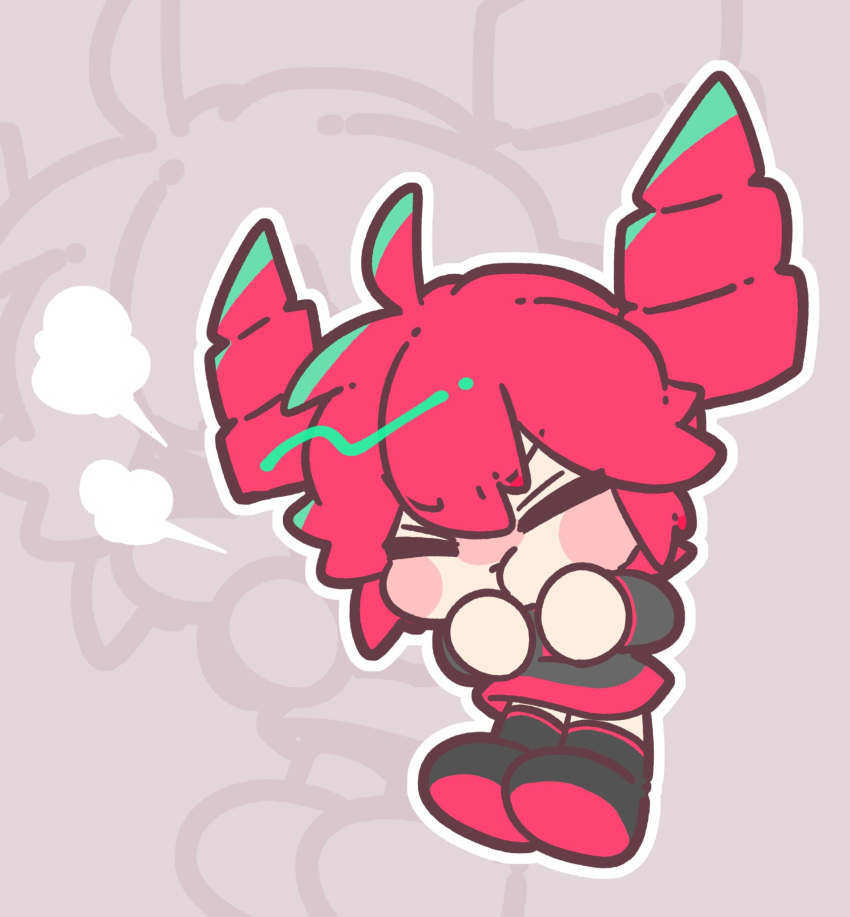 064mn, 1girl, :t, =_=, ahoge, black_footwear, black_skirt, blush, boots, chibi, closed_eyes, closed_mouth, drill_hair, full_body, grey_background, highres, kasane_teto, pout, puff_of_air, red_eyes, short_hair, skirt, solo, twin_drills, utau, v-shaped_eyebrows, zoom_layer