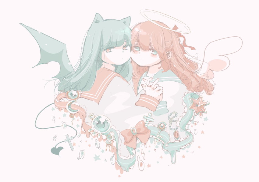 2girls, angel_wings, awaya_yawako, blush, closed_mouth, commentary_request, cropped_torso, cross