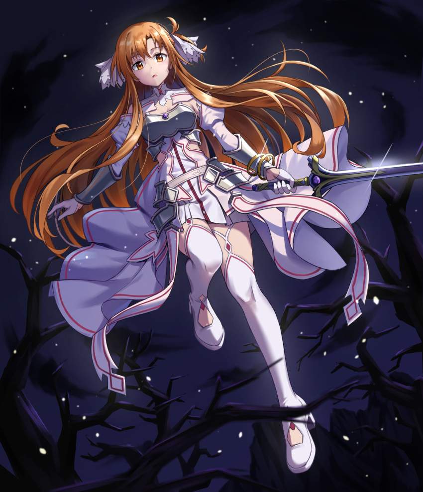 1girl, armor, armored_dress, asuna_(sao), asuna_(stacia)_(sao), boots, breastplate, brown_eyes, brown_hair, dress, full_body, gloves, highres, hip_armor, holding, holding_sword, holding_weapon, holiday_(pangjelly), long_hair, parted_lips, solo, sword, sword_art_online, sword_art_online:_alicization, thigh_boots, weapon, white_dress, white_footwear, white_gloves