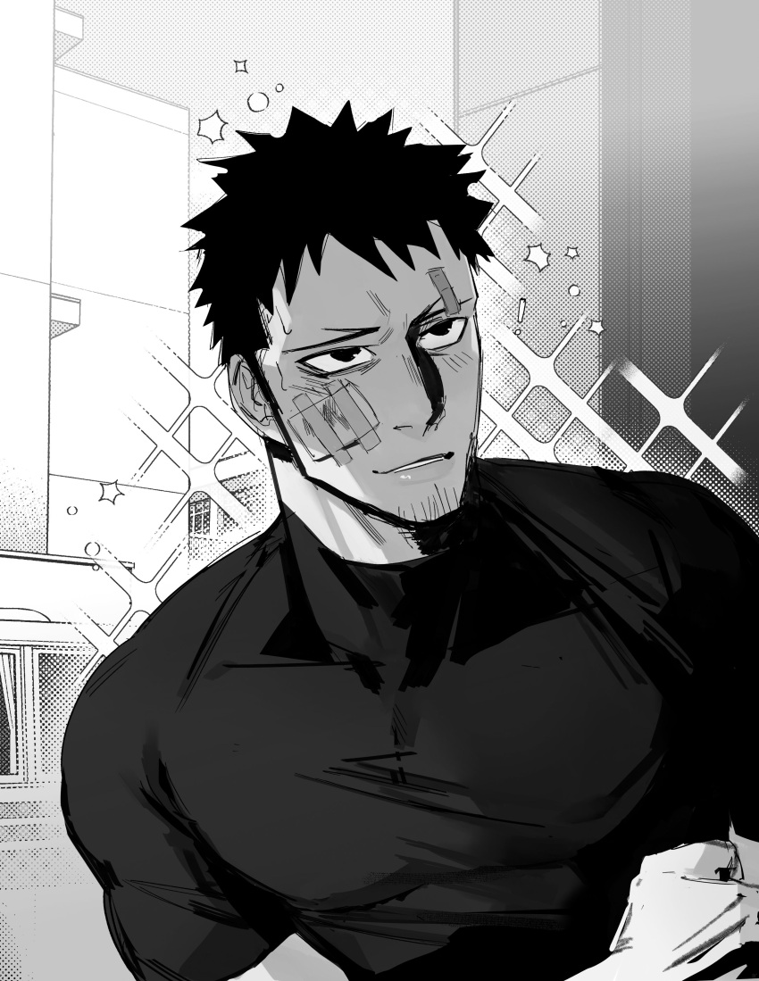 1boy, absurdres, bandaid, bandaid_on_cheek, bandaid_on_face, facial_hair, goatee_stubble, greyscale