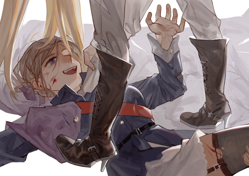 2girls, axis_powers_hetalia, belt, between_legs, black_thighhighs, blonde_hair, blood, blood_on_face, blue_jacket, boots, clothes_grab, collar_grab, cuts, erweimaoyou, france_(hetalia), garter_straps, genderswap, genderswap_(mtf), hair_ribbon, highres, injury, jacket, long_hair, looking_at_another, lying, military, military_jacket, military_uniform, multiple_girls, on_back, open_mouth, red_sash, ribbon, sash, skirt, smile, thigh-highs, torn_clothes, torn_socks, uniform, united_kingdom_(hetalia), violet_eyes, white_skirt